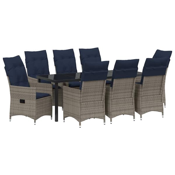 vidaXL Bord- och stolset med kudde 9 pcs Grå PE Rattan