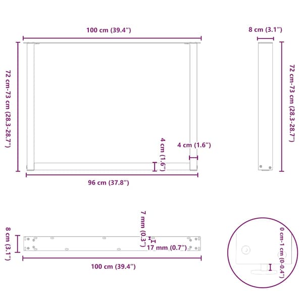 vidaXL Soffbordsben U-formade 2 st svart 100x(72-73) cm stål