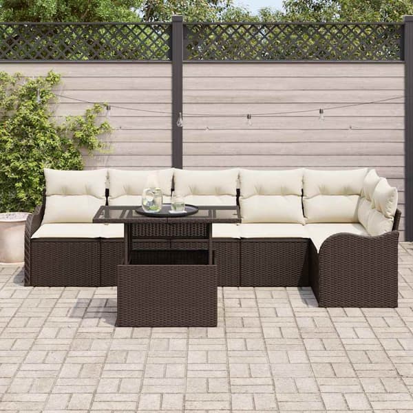 vidaXL Soffset med kudde 7 pcs Brun Poly rattan
