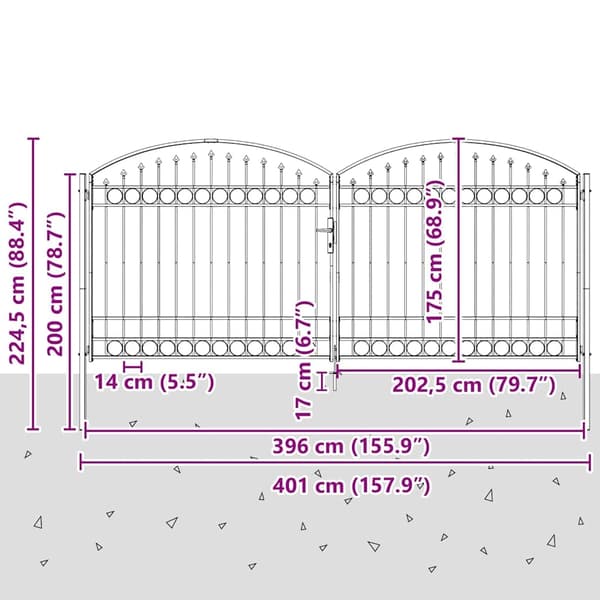 vidaXL Grind med lås Grå 400 x 175 cm Stål
