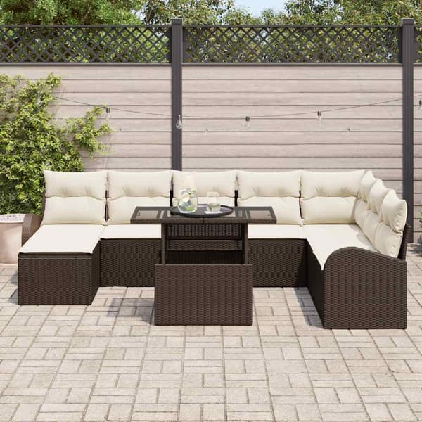 vidaXL Trädgårdsoffset med lagring 9 pcs Brun Poly rattan