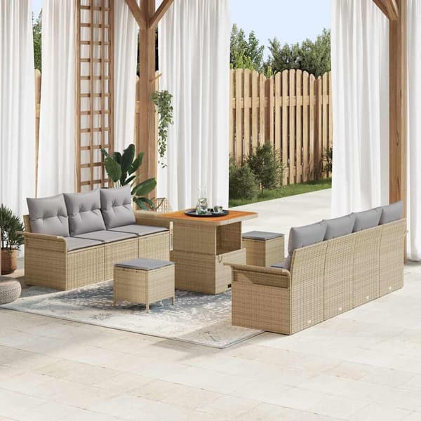 vidaXL Trädgårdsoffset med kudde 10 pcs Beige konstrotting