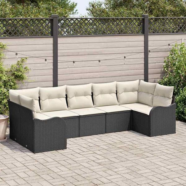 vidaXL Trädgårdsoffset med kudde 7 pcs Svart och vit Poly rattan
