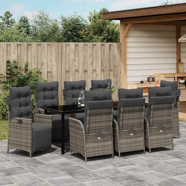 vidaXL Trädgårdsmöbelset med kudde 9 pcs Grå konstrotting