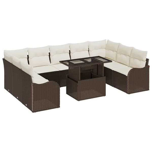 vidaXL Trädgårdsoffset med kudde med kudde 10 pcs Brun Poly Rattan