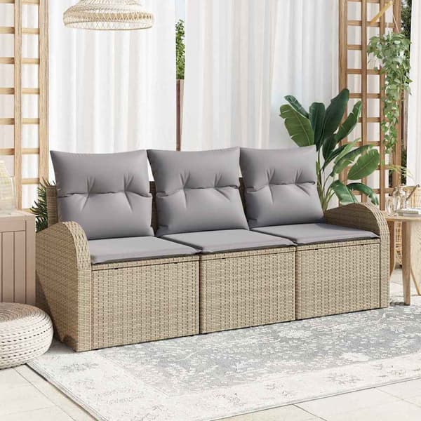 vidaXL Trädgårdsoffset med kudde 3 pcs beige och ljusgrå Poly rattan