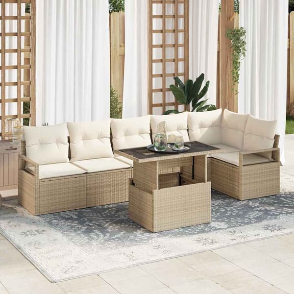 vidaXL Trädgårdsoffset med lagring 7 pcs Beige Poly rattan
