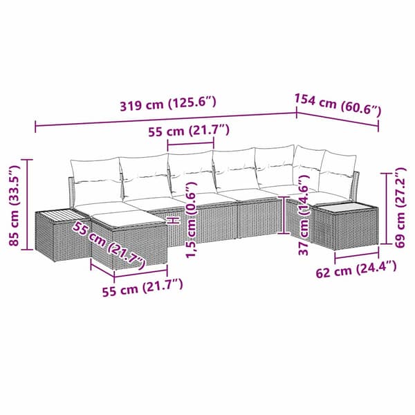vidaXL Trädgårdsoffset med kudde 7 pcs Beige konstrotting