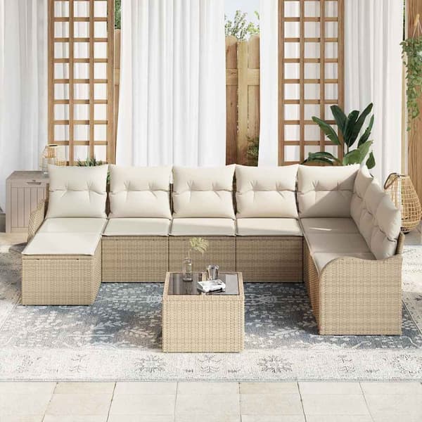 vidaXL Trädgårdsoffset med kudde 9 pcs Beige Poly rattan