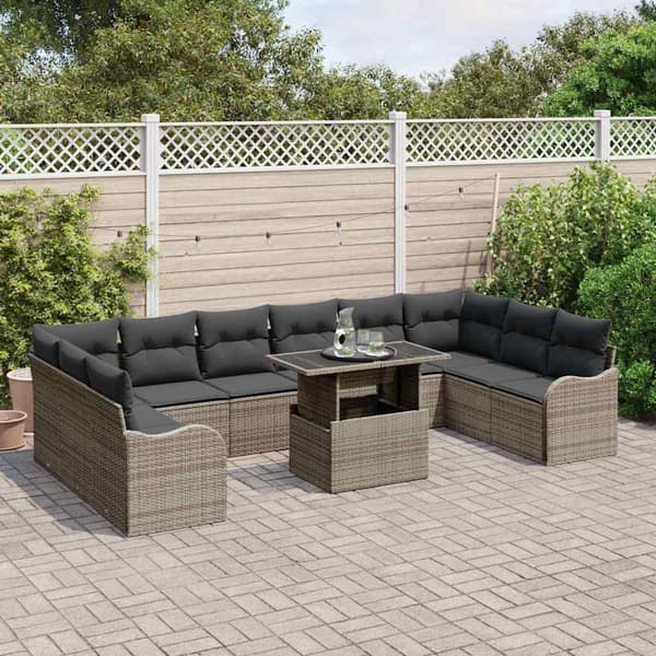 vidaXL Trädgårdsoffset med kudde med kudde 11 pcs Grå Poly Rattan