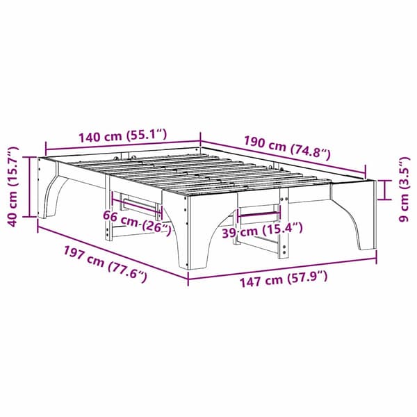 vidaXL Sängram Vit 140 x 190 cm Massiv furu
