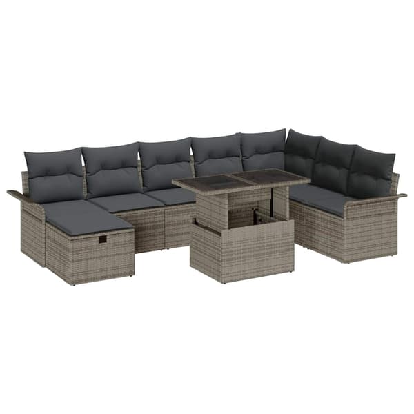 vidaXL Trädgårdsoffset med kudde med lagring 9 pcs Grå Poly rattan