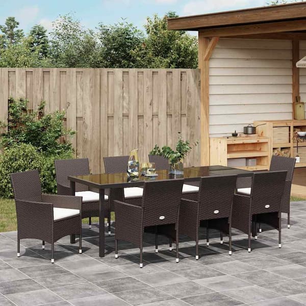 vidaXL Trädgårdsmöbelset med kudde 9 pcs Brun konstrotting