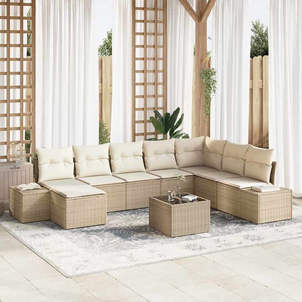 vidaXL Trädgårdssoffa Set med dyna 9 delar Beige polyrotting