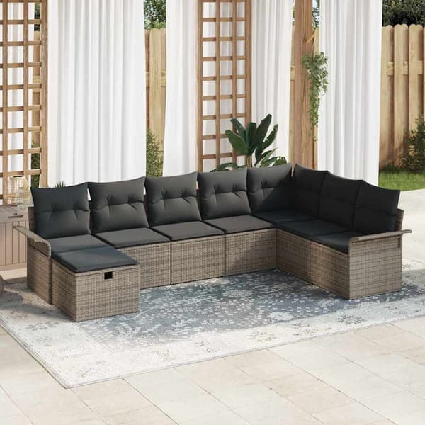 vidaXL Trädgårdsoffset med kudde med lagring 8 pcs Grå Poly rattan