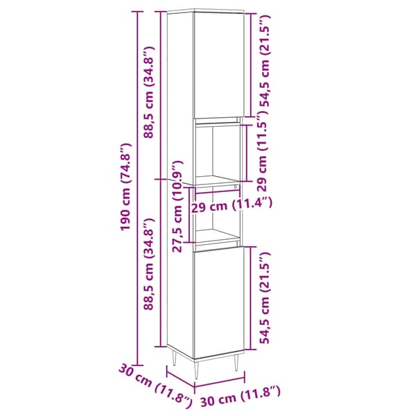 vidaXL Baderomsskap sonoma eik 30x30x190 cm konstruert tre