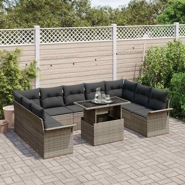 vidaXL Trädgårdsoffset med kudde 10 pcs Grå Poly rattan