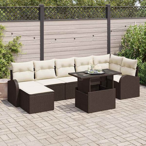 vidaXL Trädgårdsoffset med kudde med lagring 8 pcs Brun Poly rattan