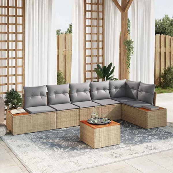 vidaXL Trädgårdsoffset med kudde 7 pcs Beige Poly rattan