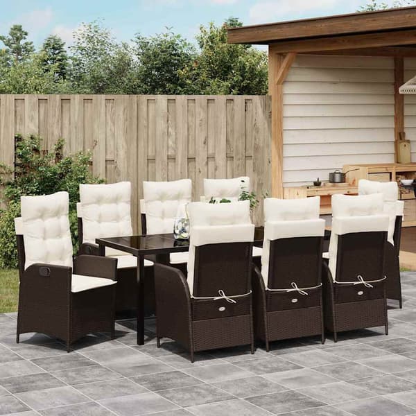 vidaXL Trädgårdsmöbelset med kudde 9 pcs Brun konstrotting