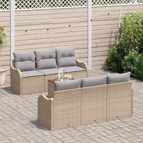 vidaXL Trädgårdsoffset med kudde 7 pcs Beige konstrotting