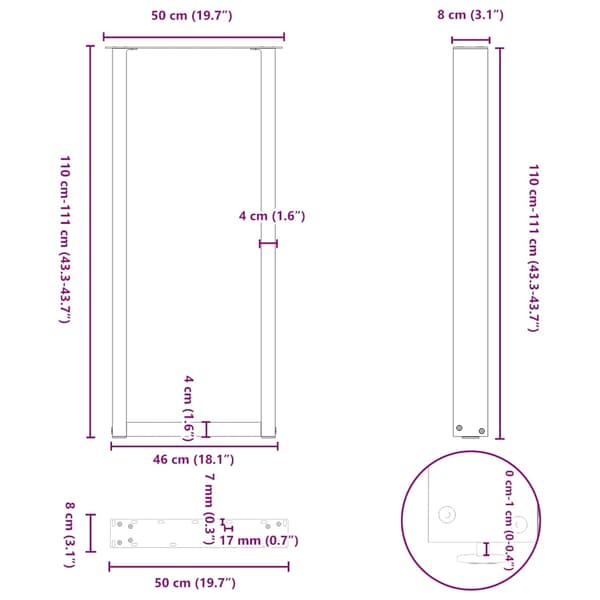 vidaXL Soffbordsben U-formade 2 st svart 50x(110-111) cm stål