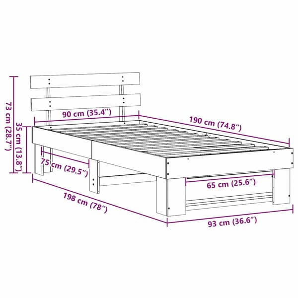 vidaXL Sengestamme med hodegjerde Hvit 90 x 190 cm Massiv furu