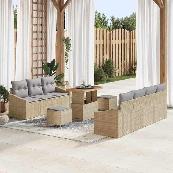 vidaXL Trädgårdsoffset med kudde 10 pcs Beige konstrotting
