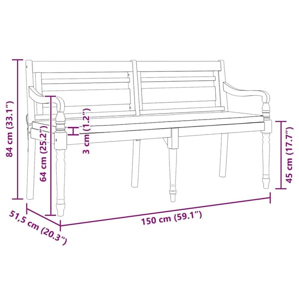 vidaXL Bataviabänk med dyna 150 cm massiv teak