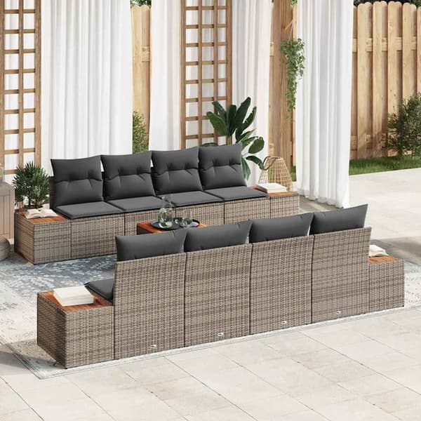 vidaXL Trädgårdsoffset med kudde 9 pcs Grå Poly rattan