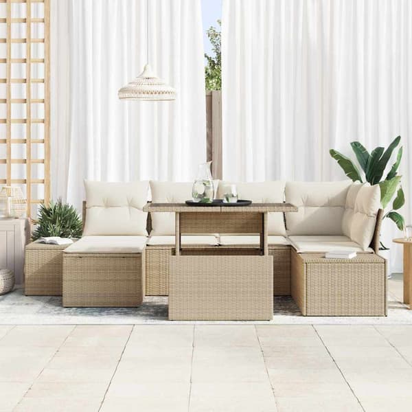 vidaXL Trädgårdsoffset med lagring 7 pcs Beige Poly rattan