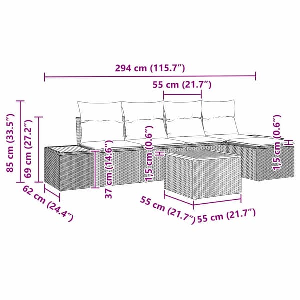 vidaXL Trädgårdsoffset med kudde 6 pcs Grå Poly rattan