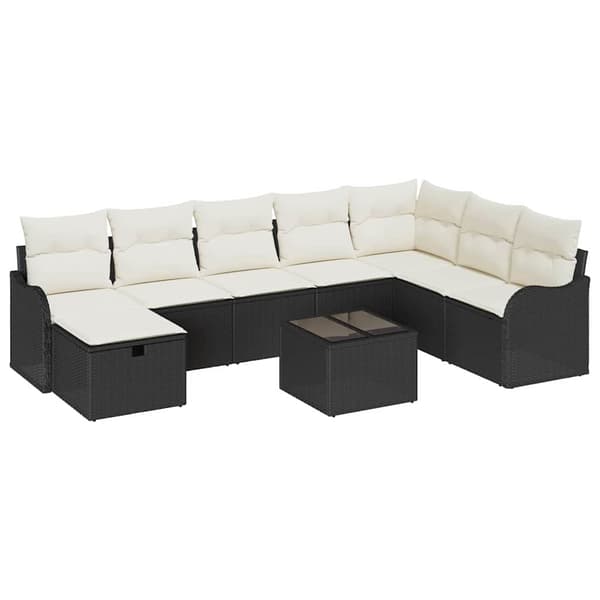 vidaXL Trädgårdsoffset med kudde med lagring 9 pcs Svart Poly rattan