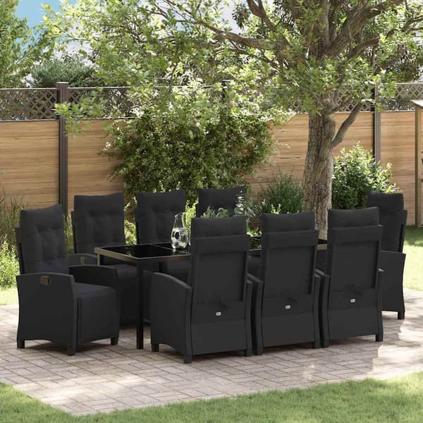 vidaXL Trädgårdsmöbelset med kudde 9 pcs Svart konstrotting