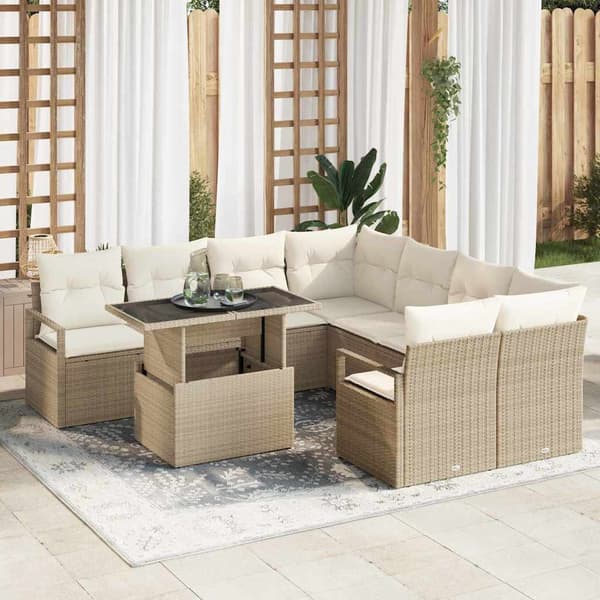 vidaXL Trädgårdsoffset med kudde med lagring 9 pcs Beige Poly rattan
