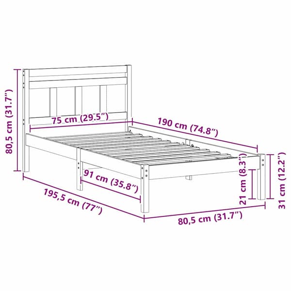 vidaXL Sängram Vit 75 x 190 cm Massiv furu