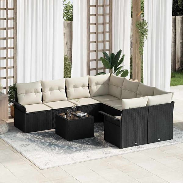 vidaXL Trädgårdsoffset 9 pcs Svart Poly rattan