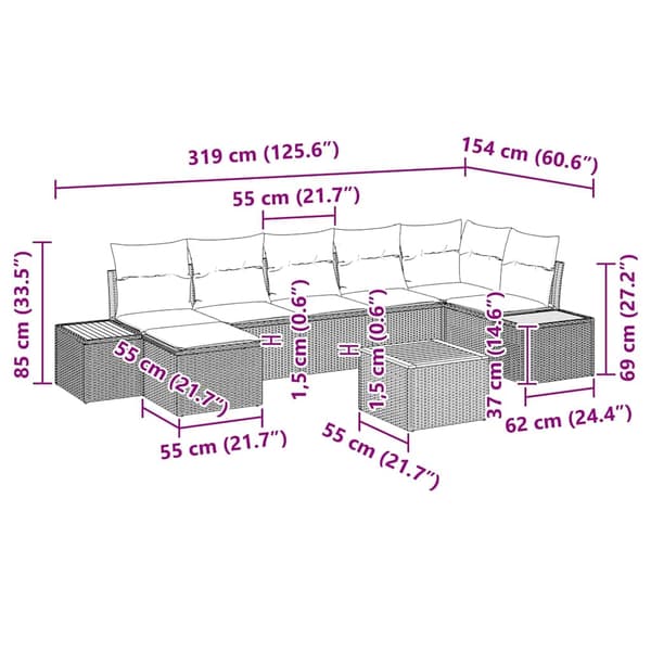 vidaXL Trädgårdsoffset med kudde 8 pcs Svart Poly rattan