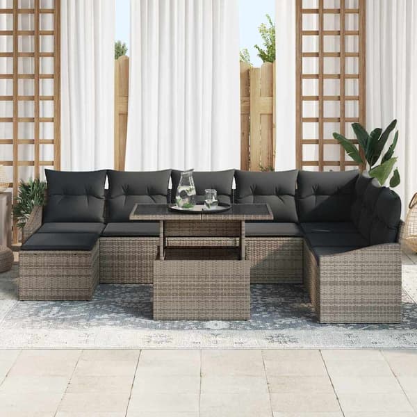 vidaXL Trädgårdsoffset 9 pcs Grå Poly Rattan och Pulverlackerad Stål