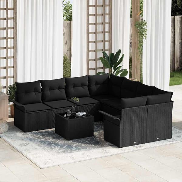 vidaXL Trädgårdsoffset 9 pcs Svart Poly rattan