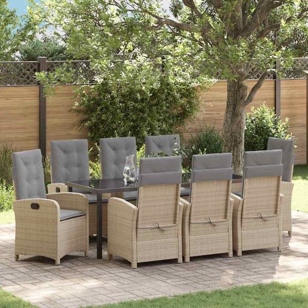 vidaXL Trädgårdsmöbelset med kudde 9 pcs Beige konstrotting