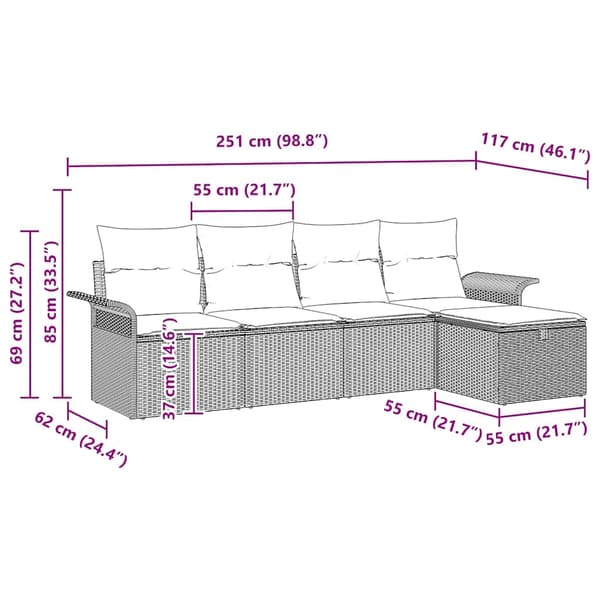 vidaXL Trädgårdssoffa Set med dyna 5 delar Grå 251 x 117 x 85 cm Polyrotting