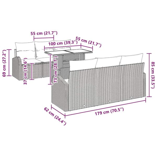 vidaXL Trädgårdsoffset med kudde 7 pcs Brun Poly rattan