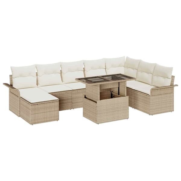 vidaXL Trädgårdsoffset med kudde 9 pcs Beige konstrotting