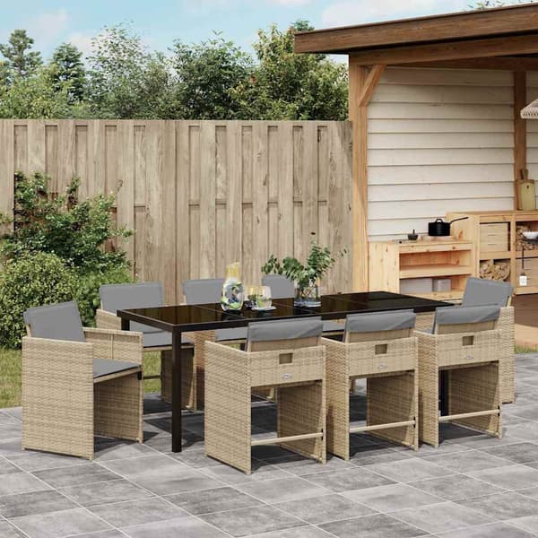 vidaXL Trädgårdsmöbelset med kudde 9 pcs Beige konstrotting