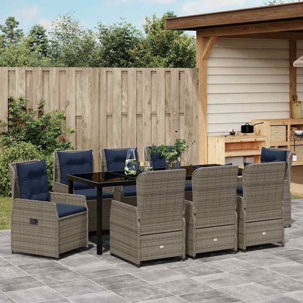 vidaXL Trädgårdsmöbelset med kudde 9 pcs Grå Poly rattan