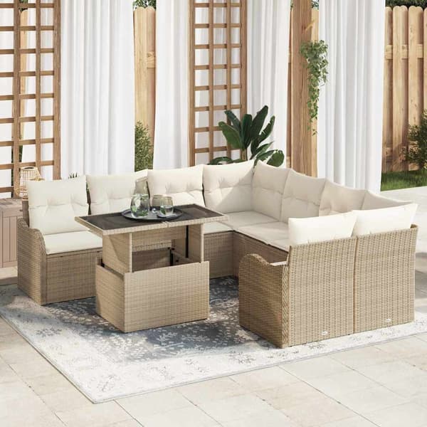 vidaXL Trädgårdsoffset med kudde 9 pcs Beige Poly rattan