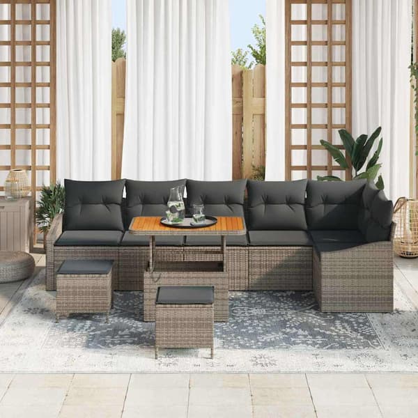 vidaXL Trädgårdsoffset med kudde med lagring 9 pcs Grå Poly rattan