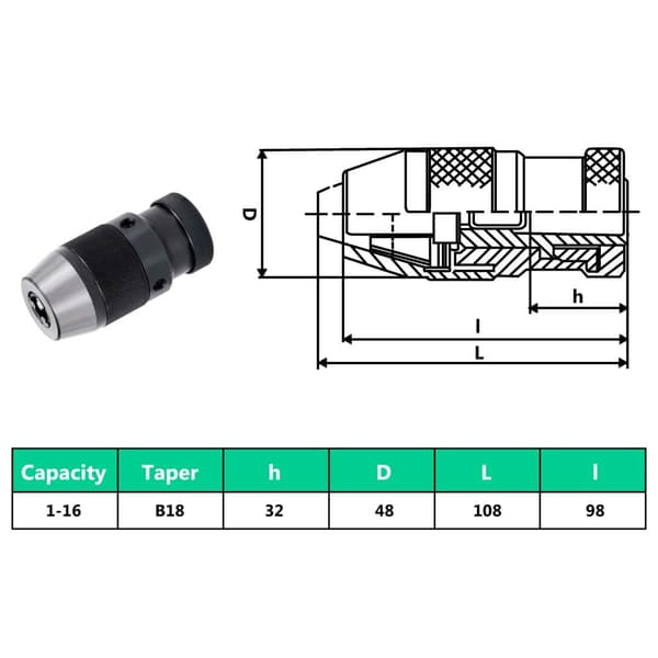 vidaXL Snabbchuck MT3-B18 med 16 mm spännvidd
