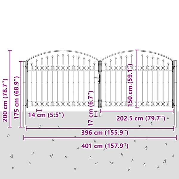 vidaXL Grind med lås Grå 400 x 150 cm Stål